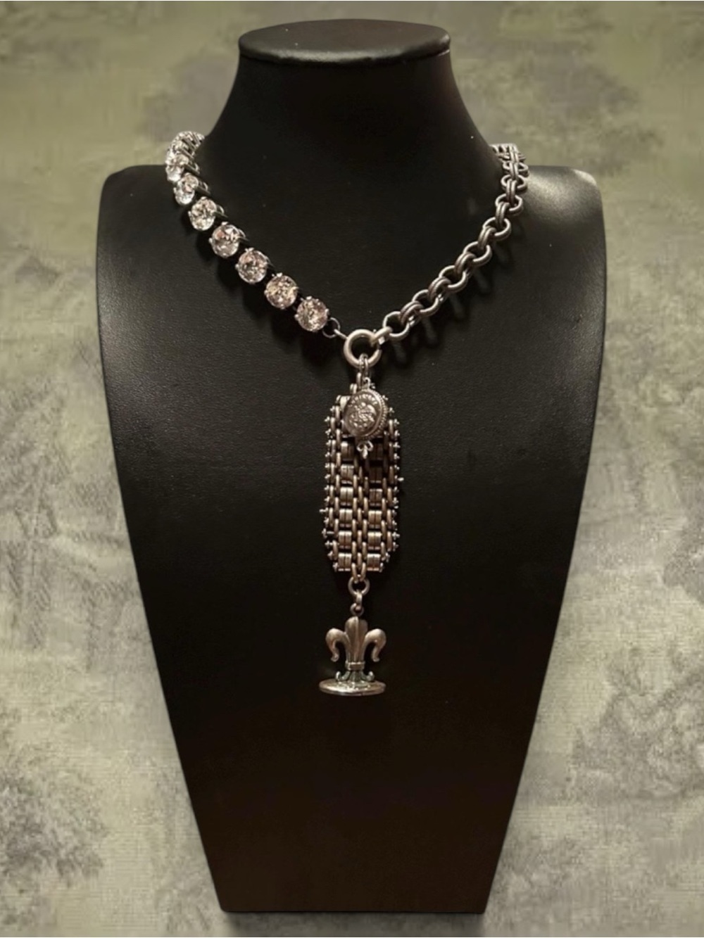 Antique Watch Chain Louisiana State Button Fleur de Lis Necklace
